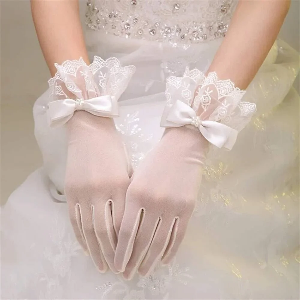 Women's Formal Floral Short Length Lace Wrist Bow Gloves Cream Wedding Costume